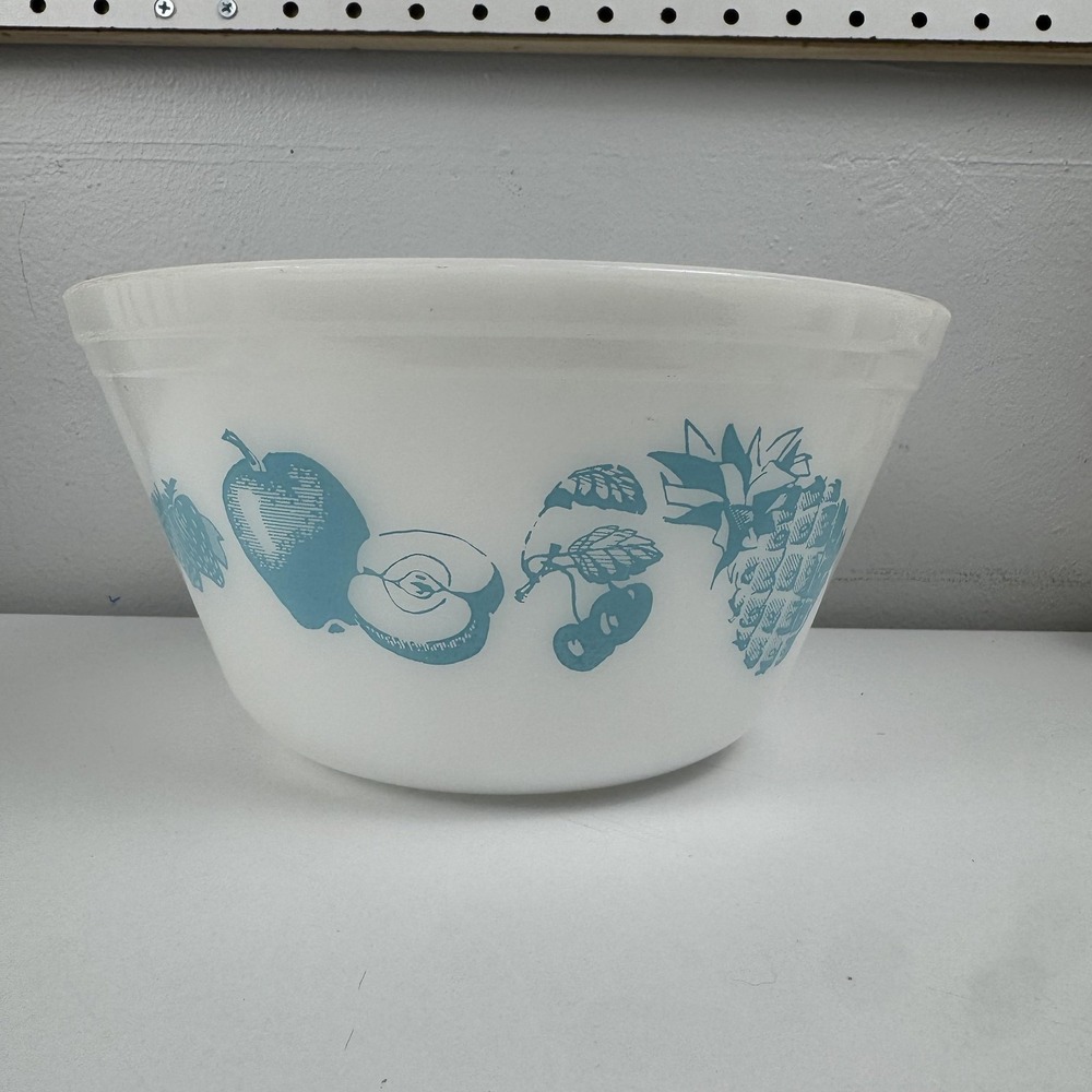 Vintage Federal Glass White Mixing Bowl Blue Fruit Nature Print Milk Glass USA